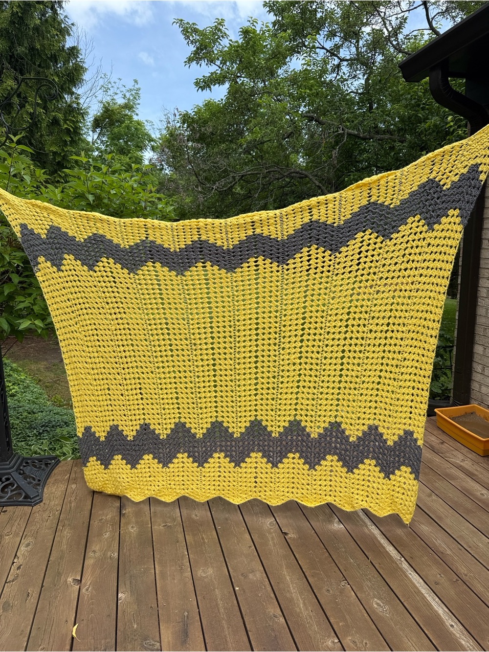 Handmade Yellow Crochet Blanket with Gray Chevron Stripe pre-owned with gift.
